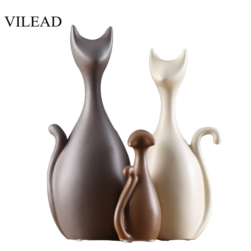 VILEAD Ceramic Family of Three Four Cats Figurines Nordic Animal Living Room Decoration Home Ornaments Crafts For Wedding Gifts