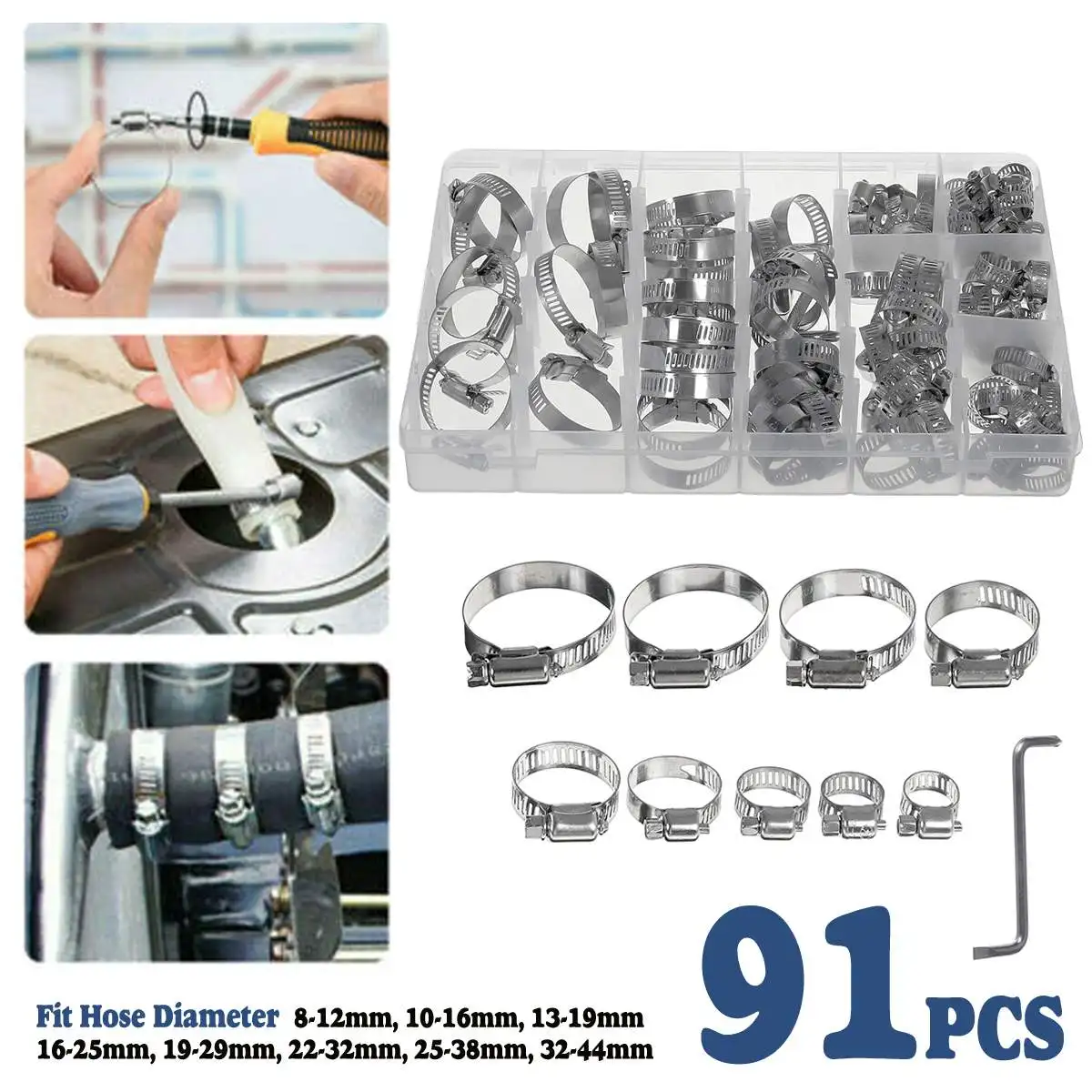 

91pcs Securing Assorted Size Stainless Steel Hose Clamp Kit Tool Anti-Corrosion Fixed Automotive Fastener Industrial Pipe