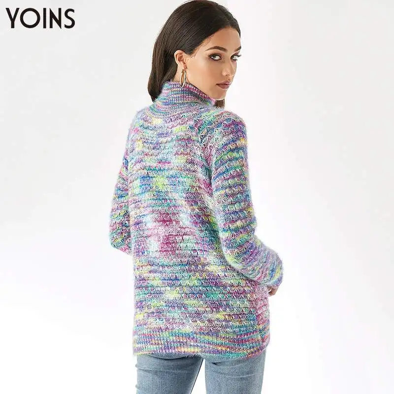 Женский свитер YOINS разноцветный вязаный с высоким воротом и длинными рукавами