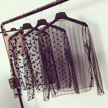Fashion Brand New Hot Sexy Long Sleeve See Through Mesh Fishnet Casual Top Tee Shirt Sheer Black Lace Star Dots Tops Women 2022
