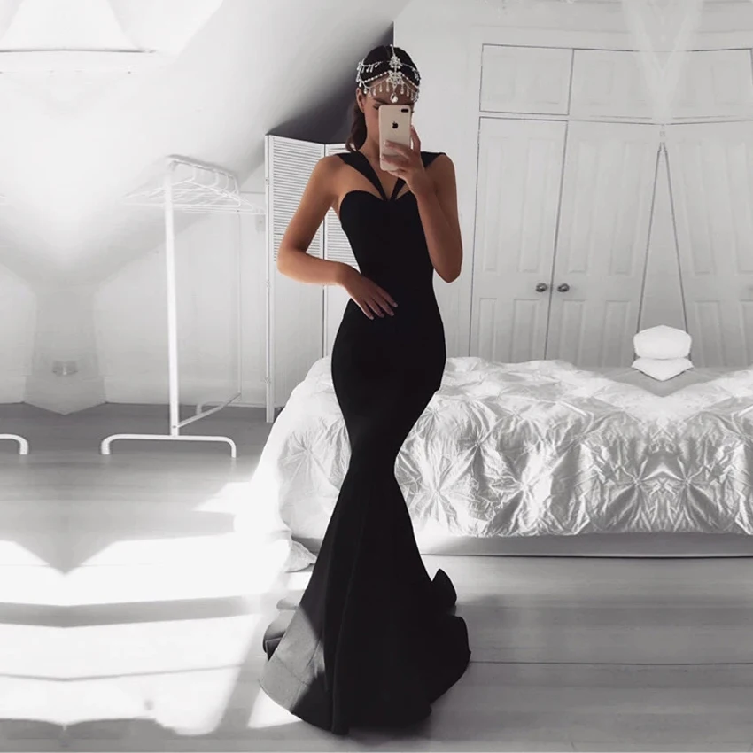 Сексуальное черное платье-Русалка для выпускного вечера платье с лямкой на шее