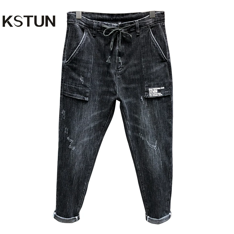 Мужские джинсы карго осень 2019 серые тянущиеся квадратные с большими карманами