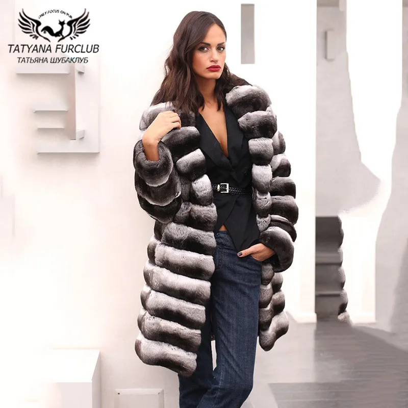 Natural Real Rex Rabbit Fur Coat Turn-down Collar Chinchilla Color Genuine Rex Rabbit Fur Coats Long Winter Fashion Overcoats