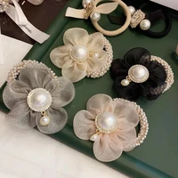 womens small pearl hair ring organza flower hair rope ball head fixed head rope holiday banquet hair accessories