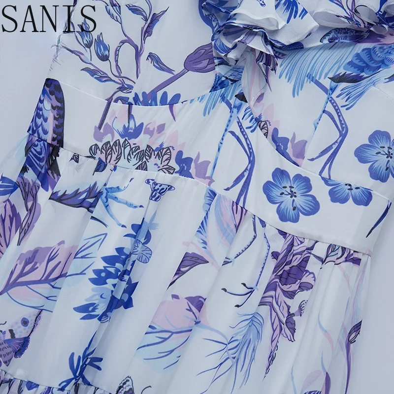 

Sanis New 2021 Fashion Designer Summer Chiffon Dresses Women V-neck Ruffles Elegant Floral print Vacation Midi Dress
