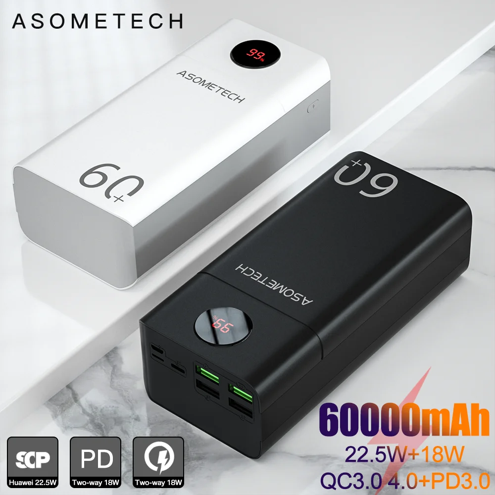 

Power Bank 60000mAh SCP PD QC3.0 Quick Charge Powerbank USB C Type C Two-way Fast Charging External Battery Charger for iPhone