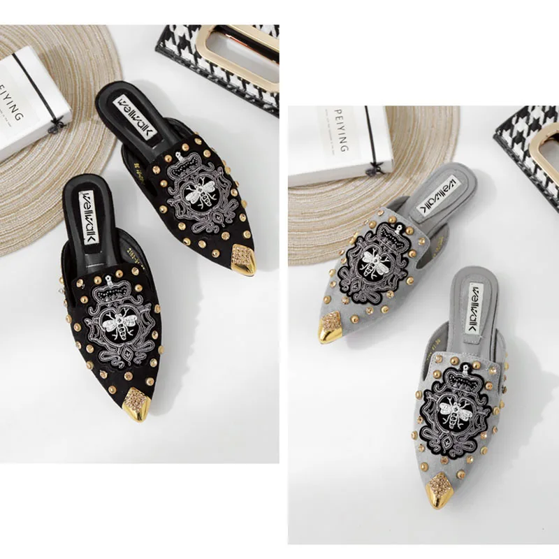 Туфли женские замшевые с вышивкой плоская подошва металлическая Кепка