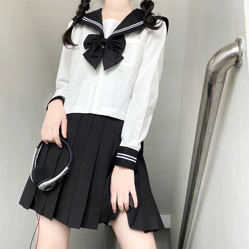Japanese School Uniform Black Suit Sailor JK S-2XL Basic Cartoon Girl Navy Sailor Uniform Sets Navy Costume Women Girl Costume