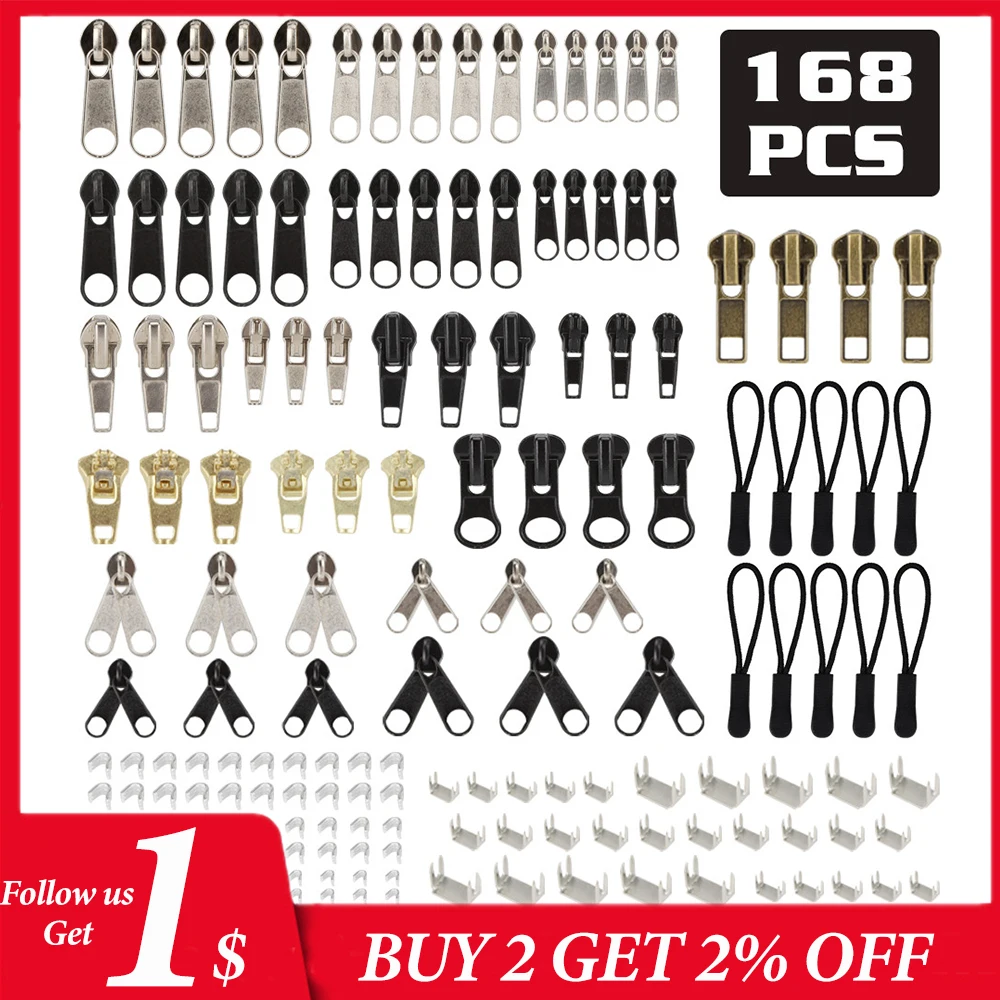 

168 pcs Metal Zipper Slider Zipper Head Pull Replacement Repair Kit for Clothing Backpacks DIY Zip Fastenings Accessories
