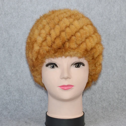 Cotton Lining Winter Lovely Real Mink Fur Hat Women Good Elastic Knitted Real Natural Mink Fur Beanies Caps Real Mink Fur Cap - Цвет: yellow