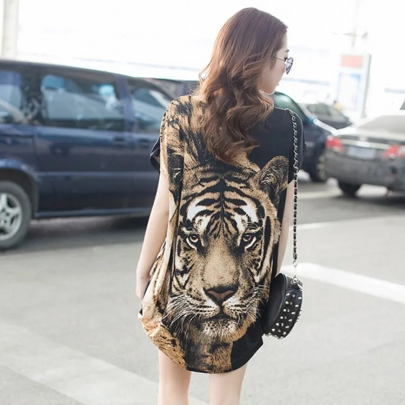 Женский летний пуловер средней длины с принтом животных короткий топ рукавом