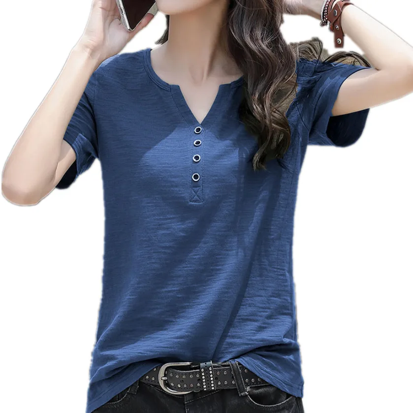 

Cotton summer new style cotton short-sleeved T-shirt loose large size V-neck ladies