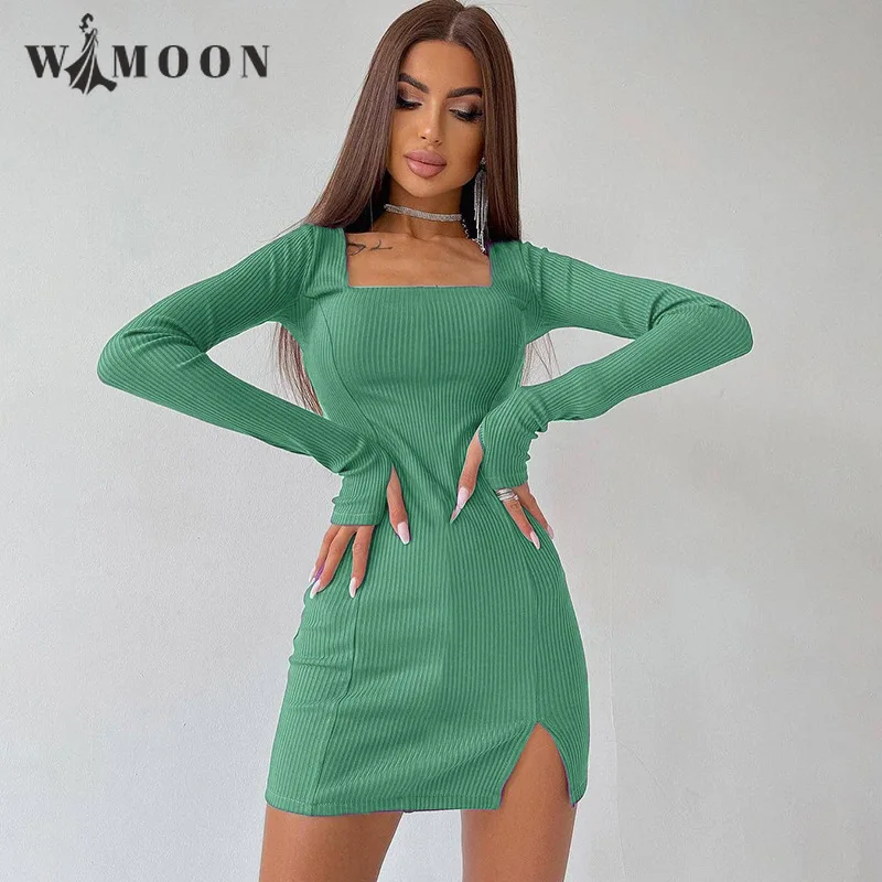 

Knitted Long Sleeve Split Dress Women 2021 Autumn Bodycon Sexy Party Casual Mini Club Elegant Evening Basic Square Collar Dress
