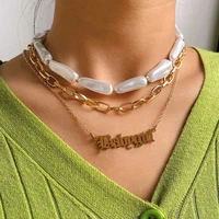 fashion babygirl letter pendant irregular pearls necklace for women multilayered gold color metal chain necklace fashion jewelry