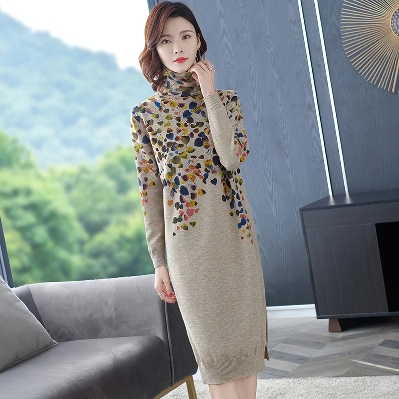 Женское трикотажное платье-свитер свободное платье-водолазка с цветочным