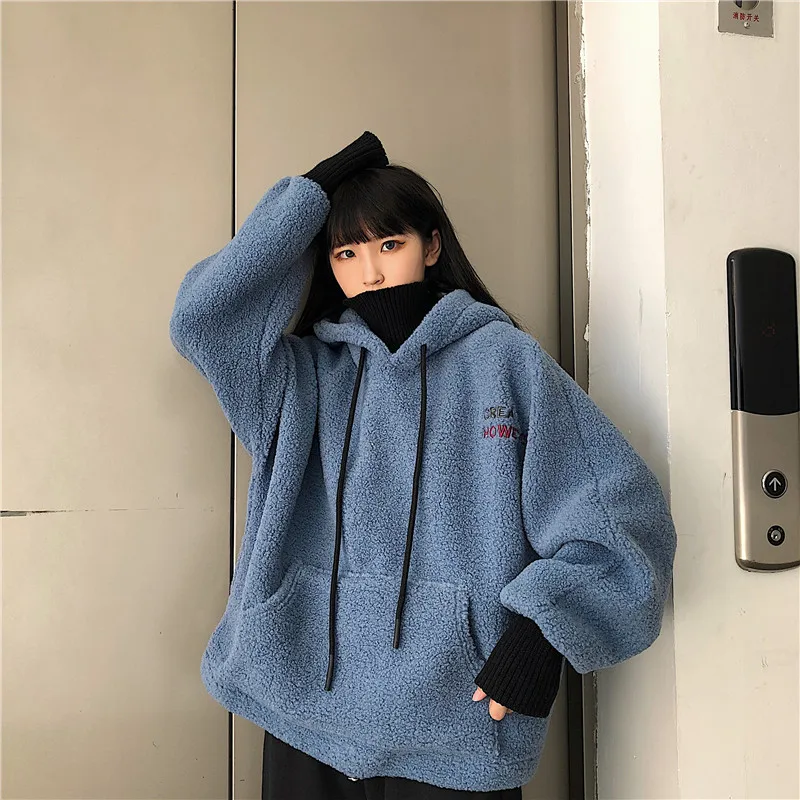 Корейский стиль instagram Harajuku винтажный овечьей шерсти с капюшоном Ulzzang женский