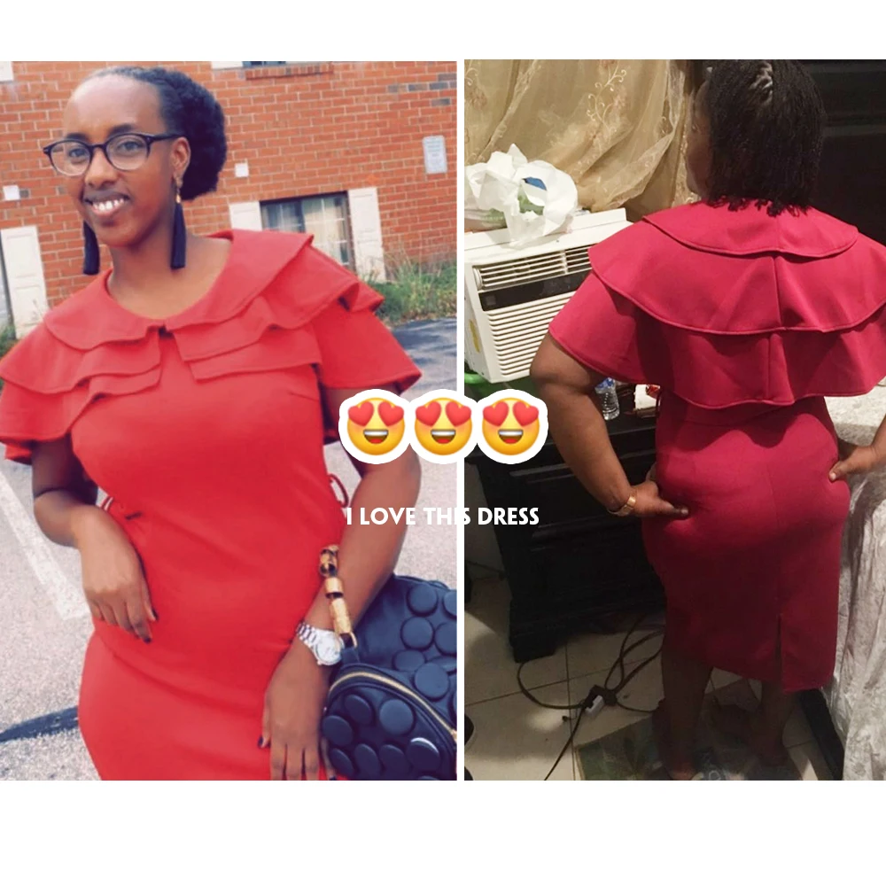Mid-Calf Falbala Short Sleeve Pullover Plain Dress Women Summer Ruffle Elegant Wine Red Bodycon midi Dress(with belt