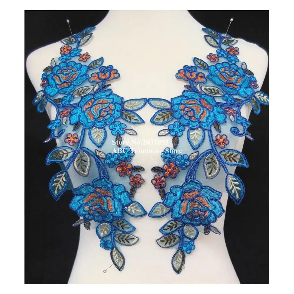 1 пара = 2 шт. x синий/оранжевый органза Цветочная вышивка Кружевная аппликация