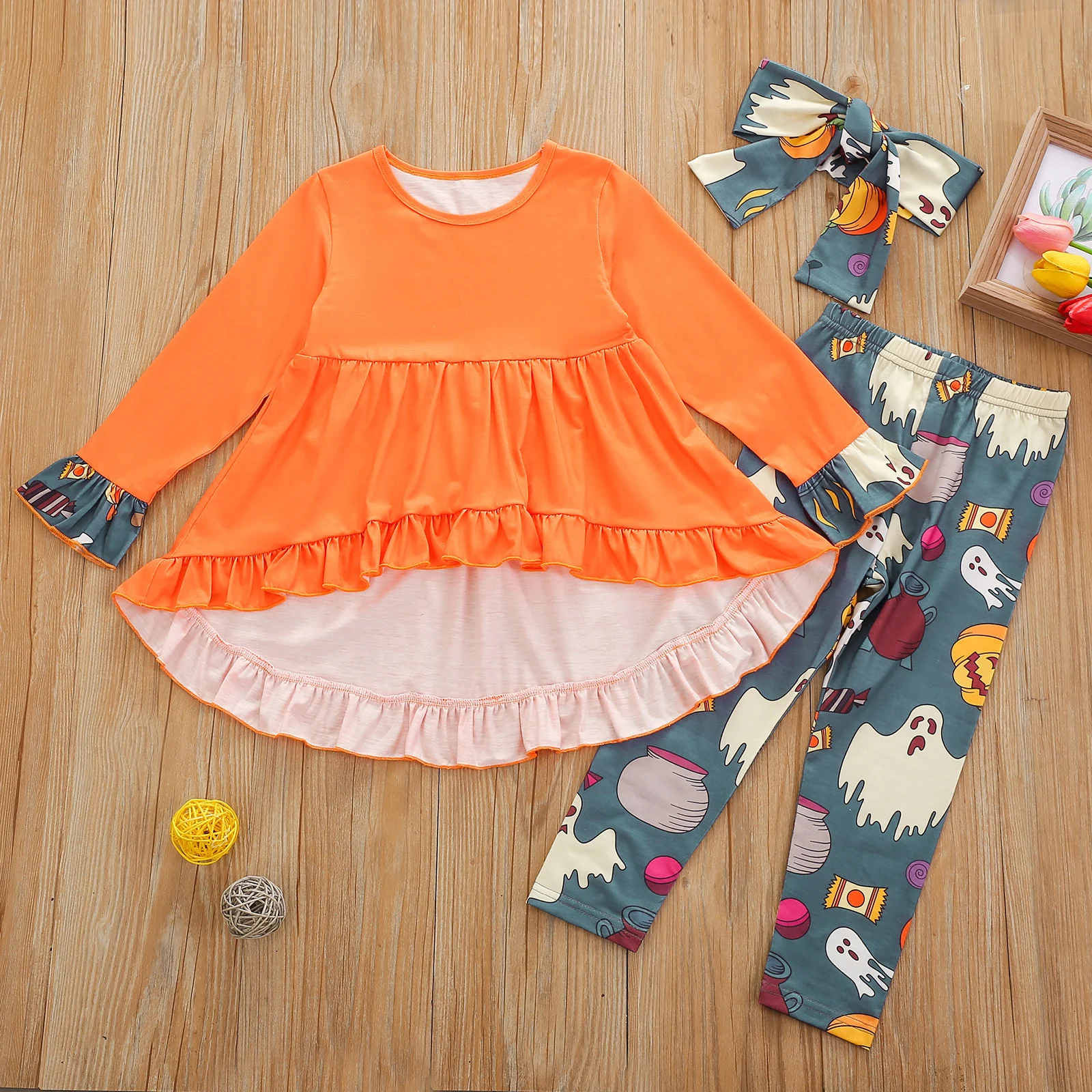 

3Pcs Kids Halloween Set Splicing Long Sleeves Asymmetry Frilly Tops + Ghost Print Pants + Headband Outfit for Girls 1-5 Years