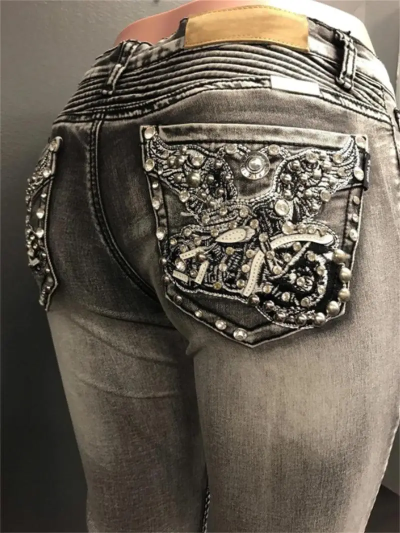 2023 New Female Personality Retro Pattern Flying Motorcycle Beaded Craft Jeans High Waist Stretch Clothing With Women