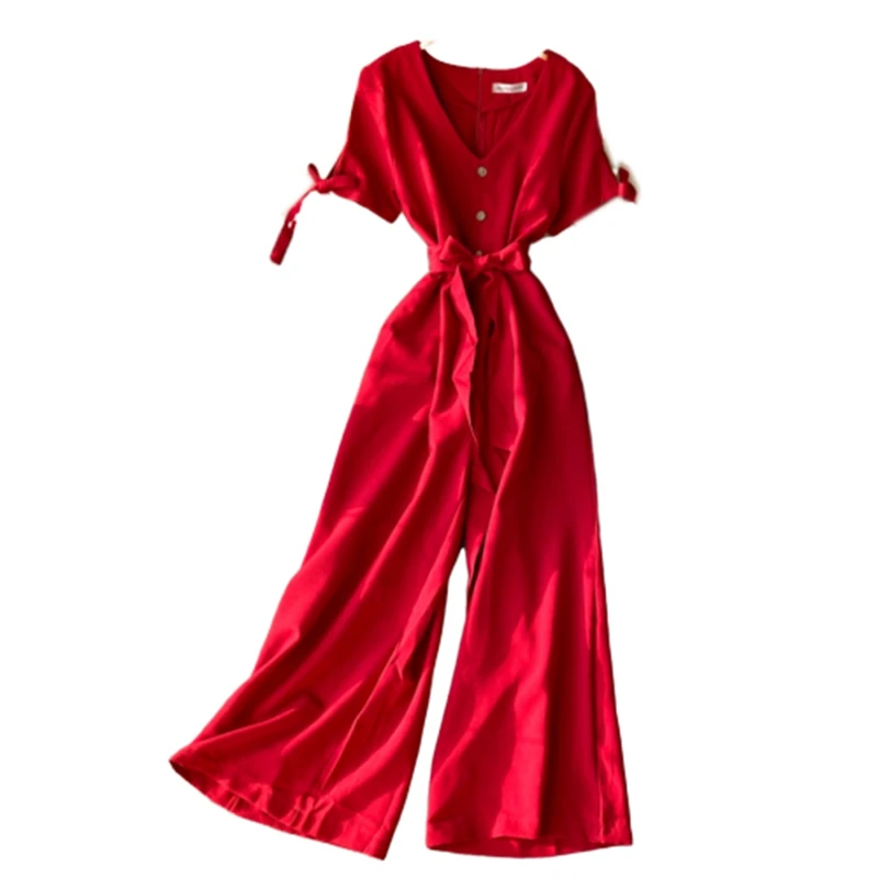 

Guilantu Summer Bandage Jumpsuits Women V Neck Short Sleeve Casual Vintage Office Overalls Female Black Red Wide Leg Romper