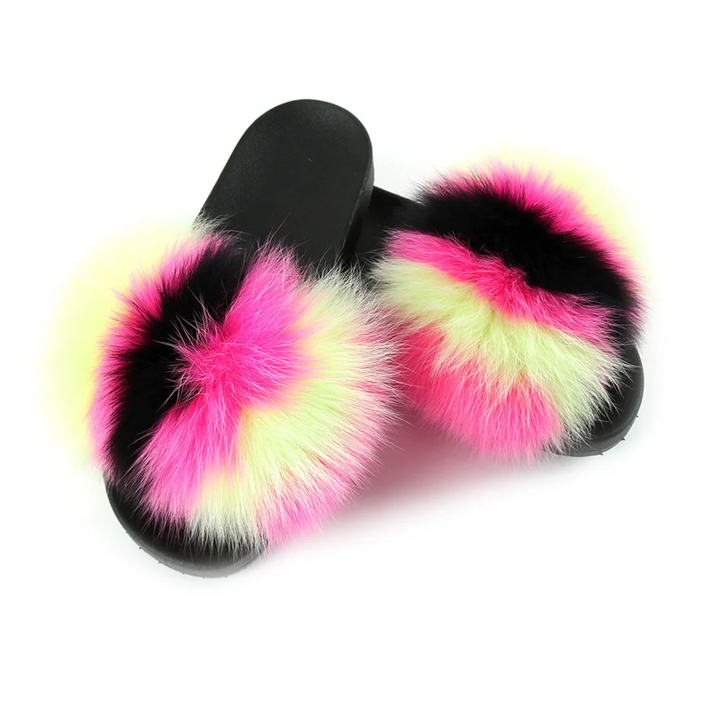 

Stylish Summer Women Color Block Faux Fur Flat Slippers Sandals Non Slip Shoes Furry Slippers Fluffy Shoes Flip Flops