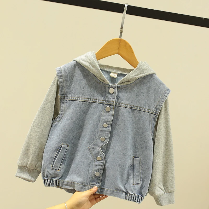 

Coats for Baby Girl Patchwork Denim Girls Coat Kids Fashion Wear Hooded Children Clothes for Teens Autumn Long Sleeve Girls Tops