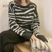loose women zebra striped sweaters oversized female fashion pullovers 2021 ladies jumpers o neck knitting tops winter autumn