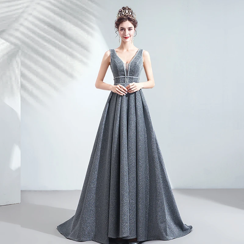 SSYFashion новая Банкетная элегантный серый вечернее платье пикантное с v образным