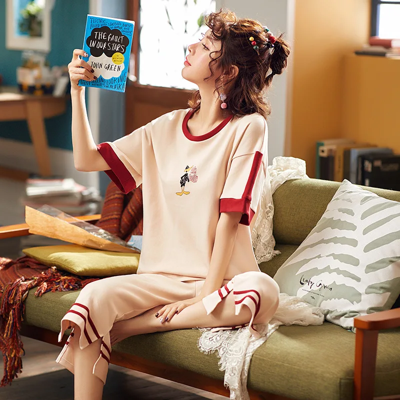 

New Lazy Princess Style 2021 Spring Summer Cotton Women Pajamas Set Cute Short Sleeve Women Sleepwear Simple pyjama girl pajama
