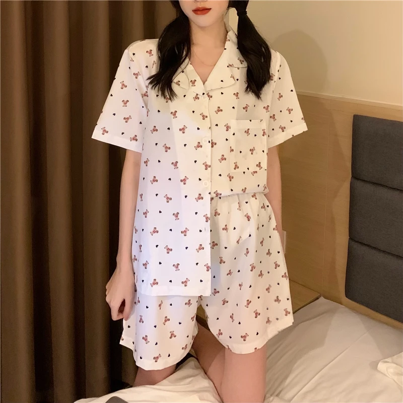 

CBAFU домашняя одежда для девочек с милым забавным принтом медведя Топы с коротким рукавом шорты комплект из 2 предметов одежда для сна летний ...