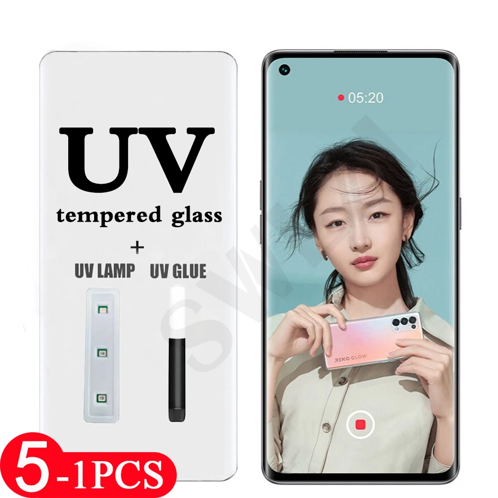 

5-1Pcs UV Glass protective film for OPPO Find X X2 X3 Reno 3 4 5 pro plus 5G UV tempered glass phone screen protector smartphone