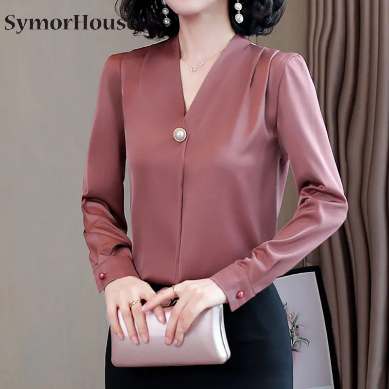 

Атласная размера плюс, женские блузки с v-образным вырезом, сексуальное рубашка; Сезон весна-осень; Офисные рубашки спецодежды женский Blusa по...