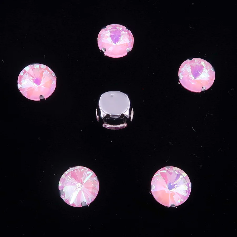 A27 Pink AB Радужные цвета, стеклянные кристаллы, серебряные коготки, 8 мм, 10 мм, круглые Rivoli формы, пришитые стразы, кристаллы, аппликация, одежда, сделай сам - Цвет: A27 Pink AB