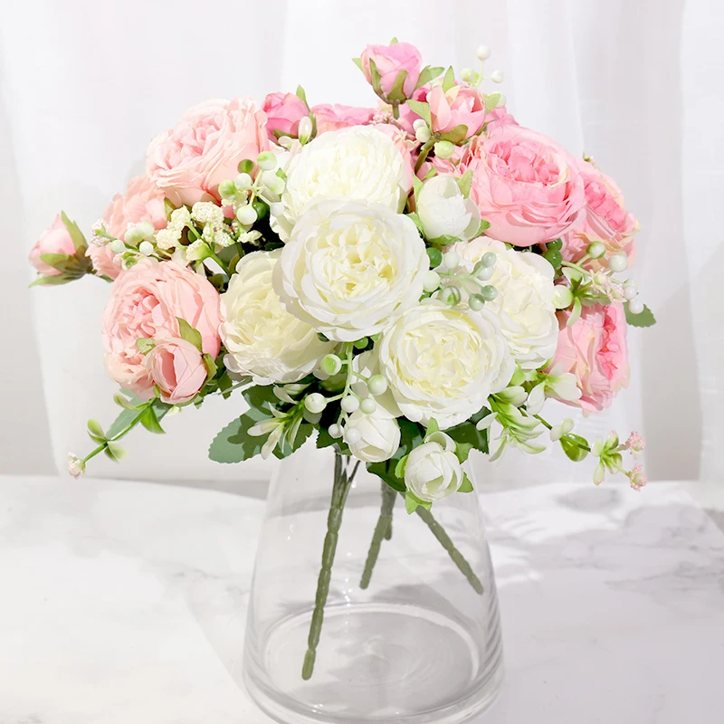 

Pink Silk Peony Artificial Flowers Rose Wedding Home DIY Decor High Quality Big Bouquet Foam Accessories Craft White Fake Flower