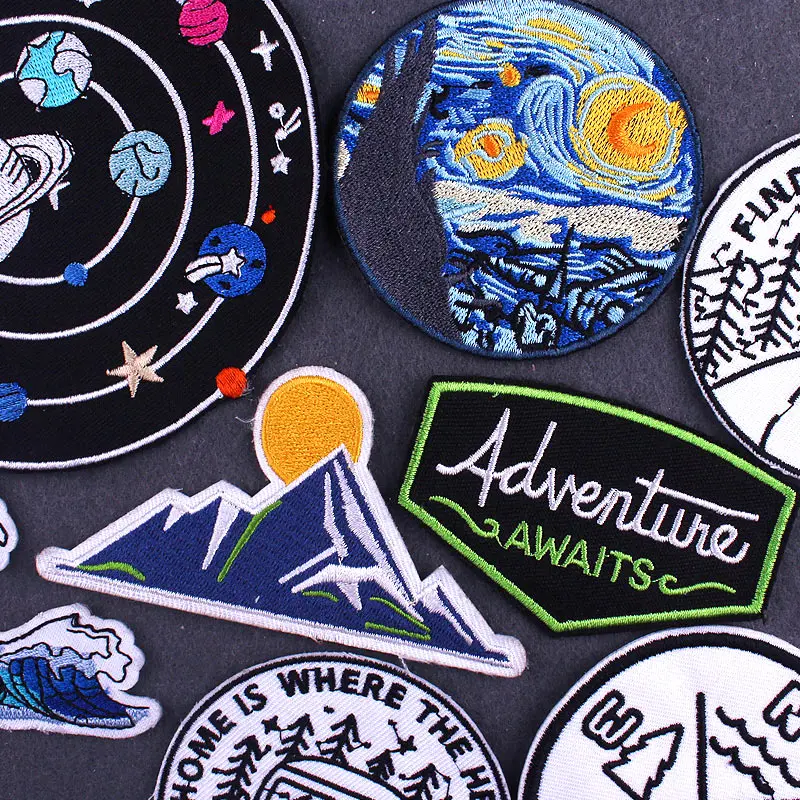 

Adventure Natural Patch Iron On Patches For Clothing Outdoor Travel Stickers Space Applique Stripe For Clothes Mountain Patch
