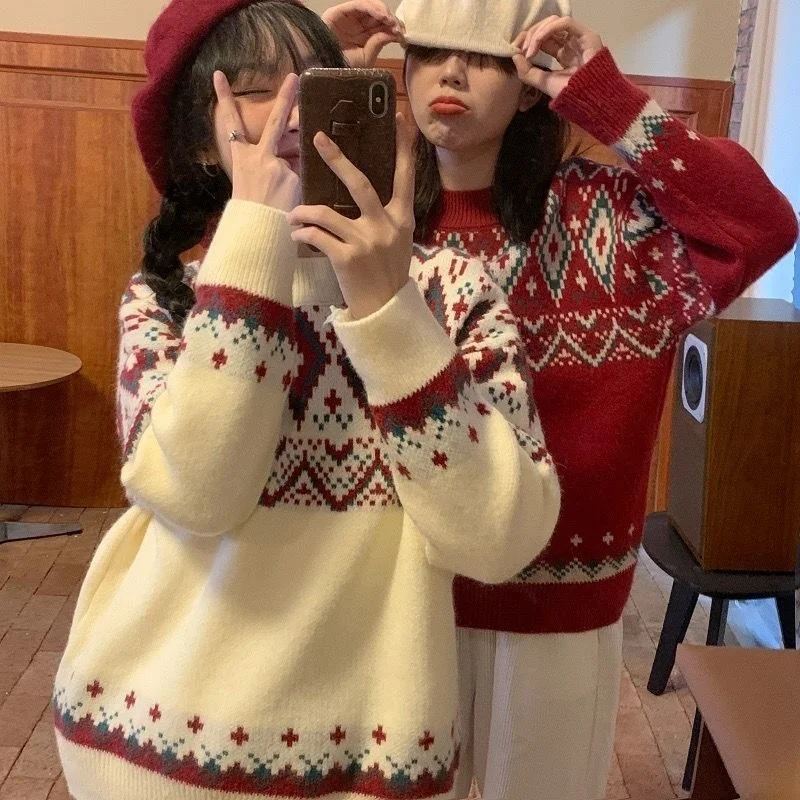 

Рождественский свитер, женский осенне-зимний свободный толстый свитер, пуловер, вязаный джемпер контрастных бриллиантов с круглым вырезом,...