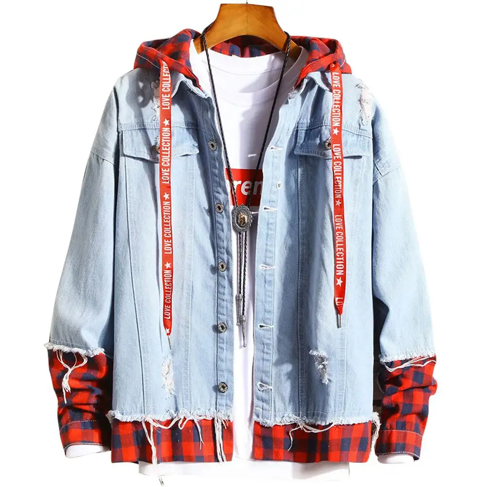 

2020 New Lovers Men Coat Spring Autumn Fake Two Pieces Denim Jacket Plaid Short Hoodies Coat Female Male Clothes