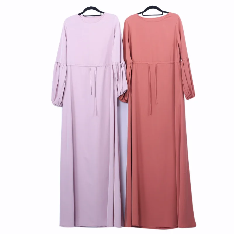 2022 New Solid Color Lantern Sleeves Elastic Cuffs Women'S Dress Muslimah Long Dress Student Dress