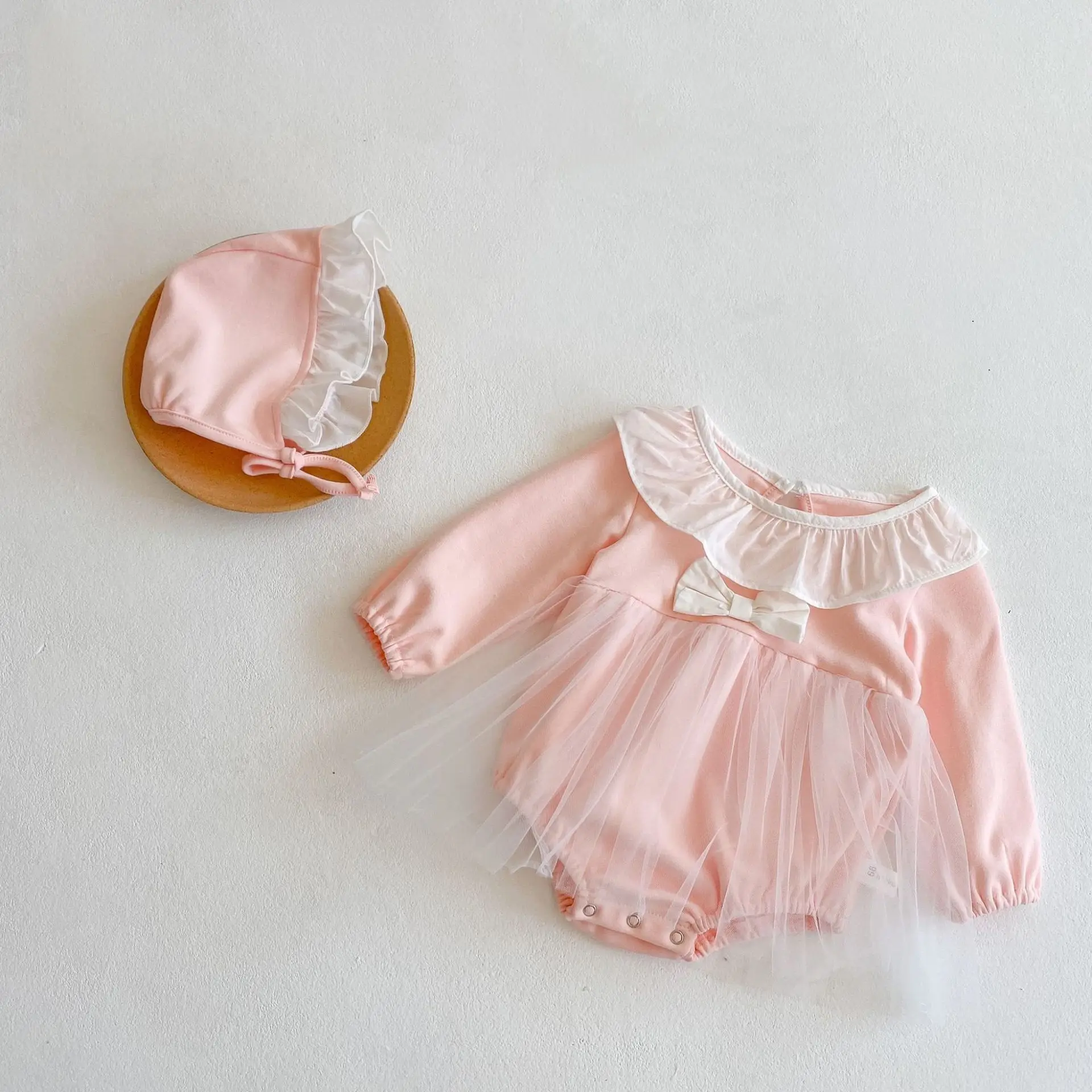 

ins 2022 spring and autumn clothing baby girl bowknot mesh long-sleeved Haxi skirt cotton baby rompers jumpsuit