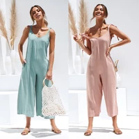 summer women sleeveless rompers loose jumpsuit o neck casual backless overalls trousers wide leg pants 4 color s xl