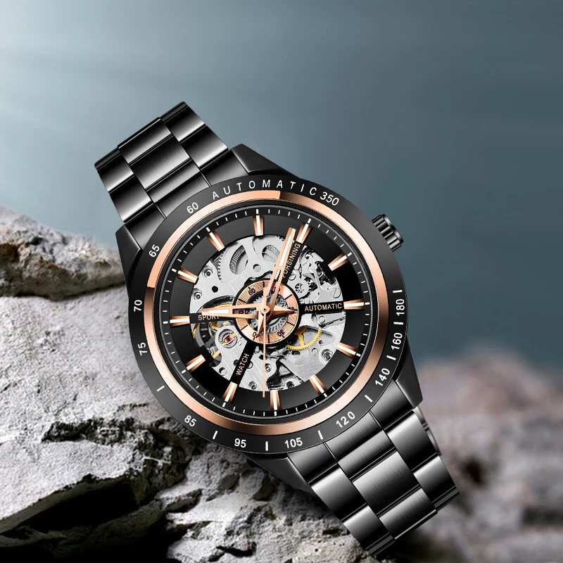 Модные мужские механические часы FORSINING черный скелет Мужские Аналоговые