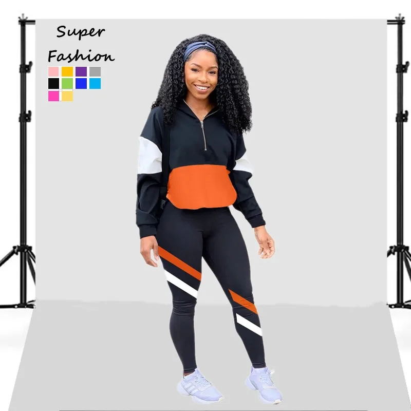 

S-2XL 2021 Winter Women's Two Piece Sets Patchwork Stripe Long Sleeve Sport Pant Suits Tracksuits Outfits Wholesale Dropshipping