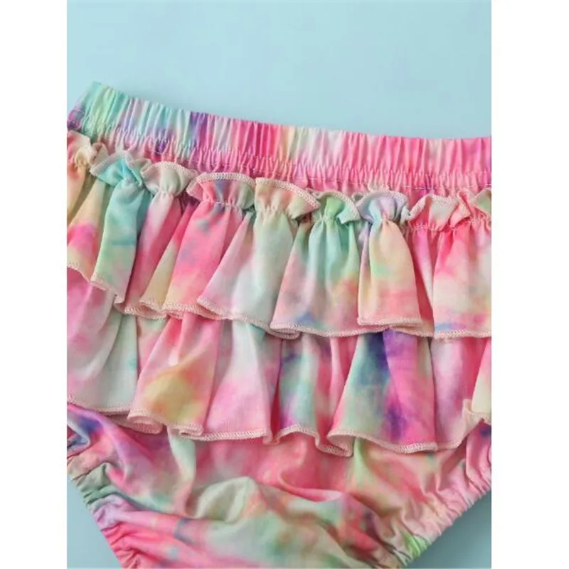 

Toddler Baby Girl Tie-Dye Clothes Set Flying Sleeve Open Back Top + Ruffled Elastic Waist Triangle Shorts Baby Girls Cotton Sets