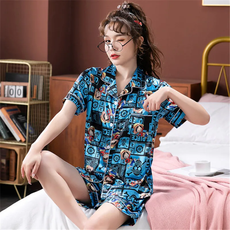 

Ice Silk Pajamas Set For Women Anime Pijama Mujer Summer 2Pack Sleepwear Home Clothes Short Sleeve Kawaii Pyjama Nightwear