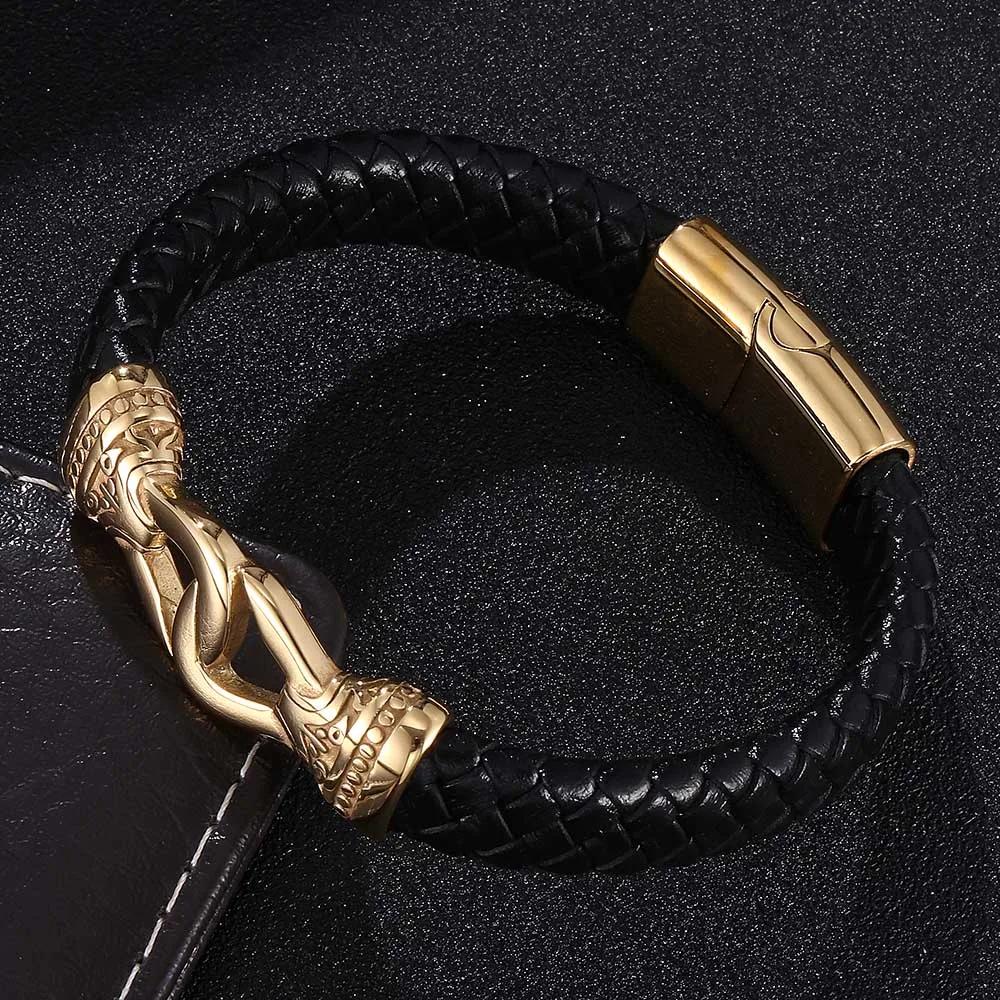 

Punk Black Braided Leather Bracelet Men Gold Color Charm Stainless Steel Magnet Buckle Bracelets Rock Jewelry Man Gift BB0752