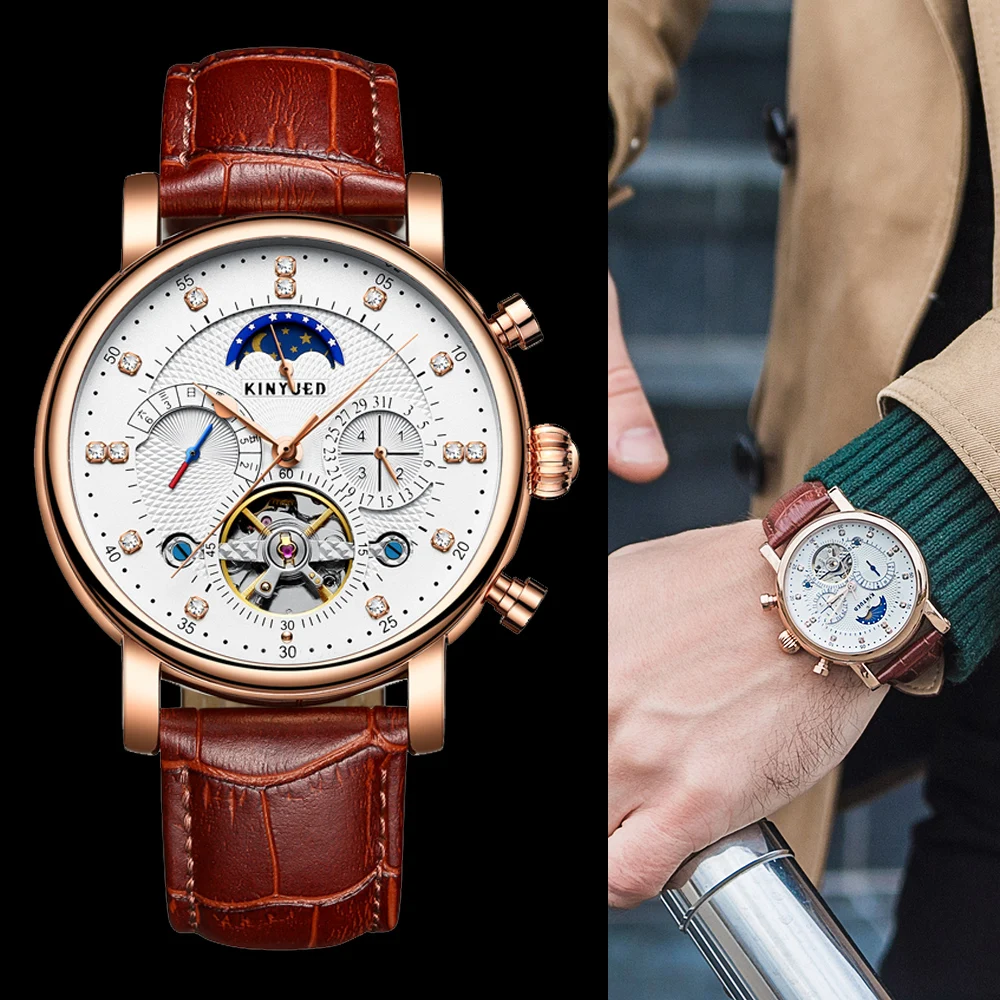 Автоматические механические часы KINYUED мужские с турбийоном и лунной фазой