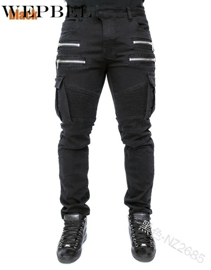 

WEPBEL Men Autumn WInter Zipper Jeans Hip Hop Style Long Denim Pants Vintage Punk Motor Slim Fit Skinny Pencil Trousers
