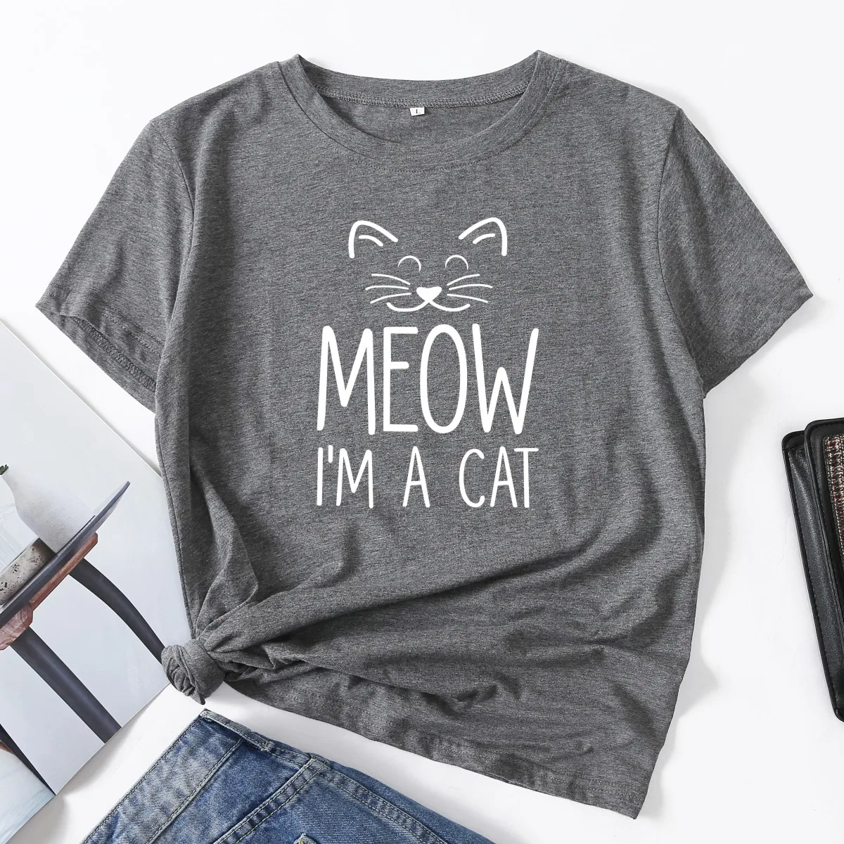 

Meow I'm A Cat Funny Cat Shirt Woman T-Shirt Short Sleeve T-Shirts Summer Tops for Women Cotton Graphic Tee Female Shirt Clothes