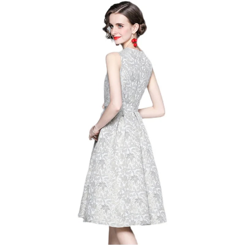 

New Elegant Vintage Women Jacquard Slim Tunic Tank Dress Lady Sleeveless Vest Midi Dresses Party Clothing Summer Sundress